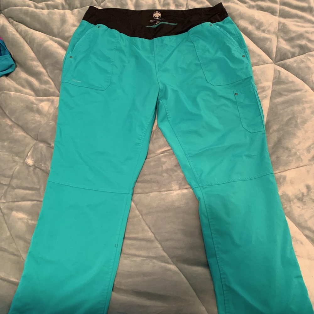 Healing hands yoga band scrub pants 2x teal/scrub green